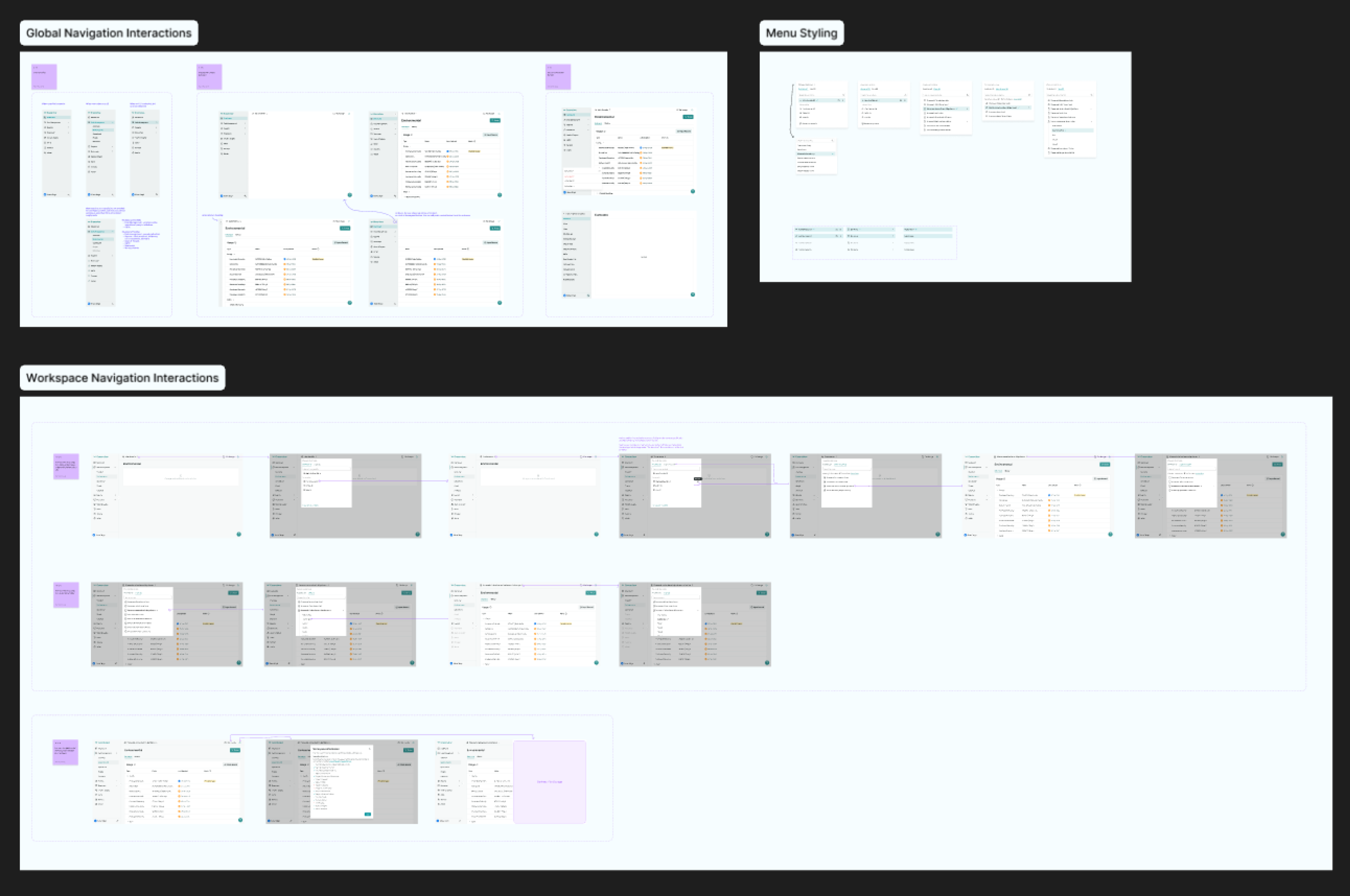 Screenshot of a Figma page which includes some sections of design specifications.