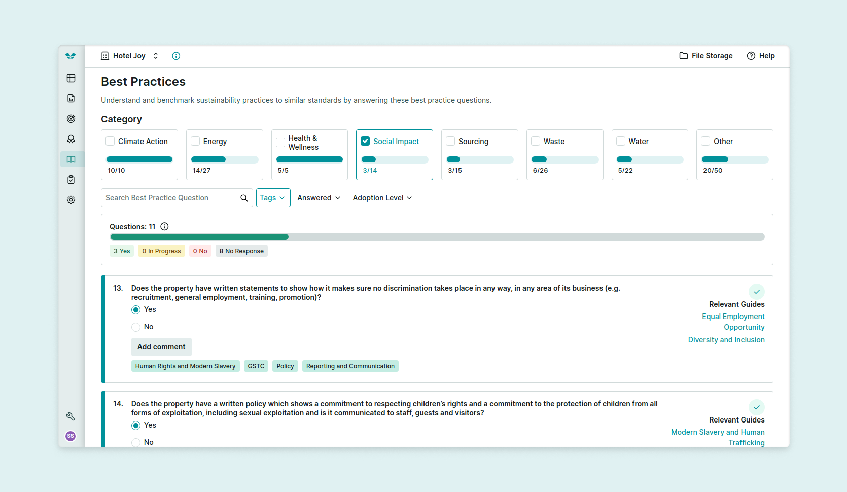 A screenshot of Greenview Portal's Best Practices section. Users can benchmark sustainability practices by answering questions across 8 clickable categories, with Social Impact selected. Each category has a progress bar showing answered questions. Below, a larger progress bar reflects overall progress. One question asks if the property has statements to prevent discrimination, with yes/no options and an option to comment. Tags include Human Rights and Modern Slavery, GSTC, Policy, and Reporting.
